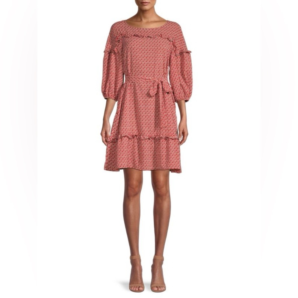 MAX STUDIO Tie-Waist Ruffle Dress in Red with White Geometric Print l Large NWT